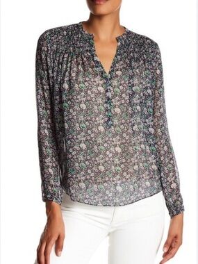 Rebecca Taylor 100% Silk Floral V-Neck Long-Sleeve Blouse Black Green Raw Hem 10